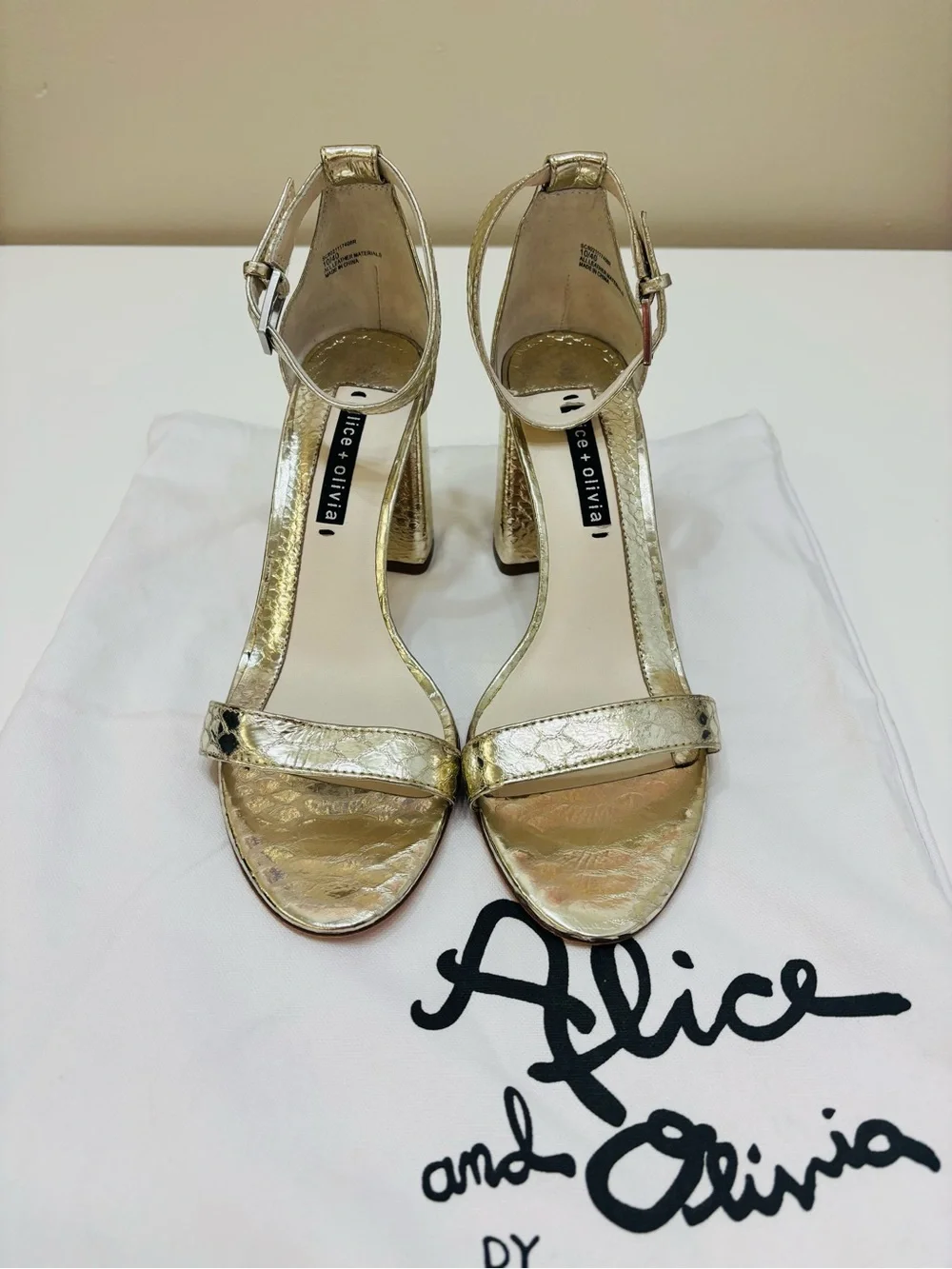 🌟 Alice + Olivia Gold Snake-Embossed Ankle Strap Sandals - NWT